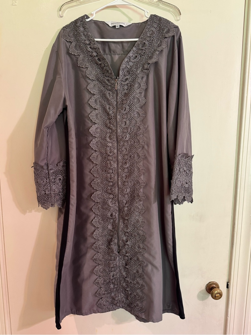 Gray Lace-Trim Long Intimate/sleepwear